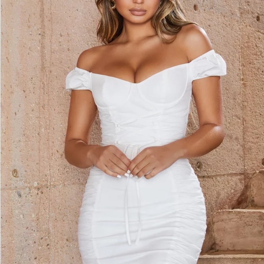 NWT Oh Polly White Ruched Off Shoulder Dress